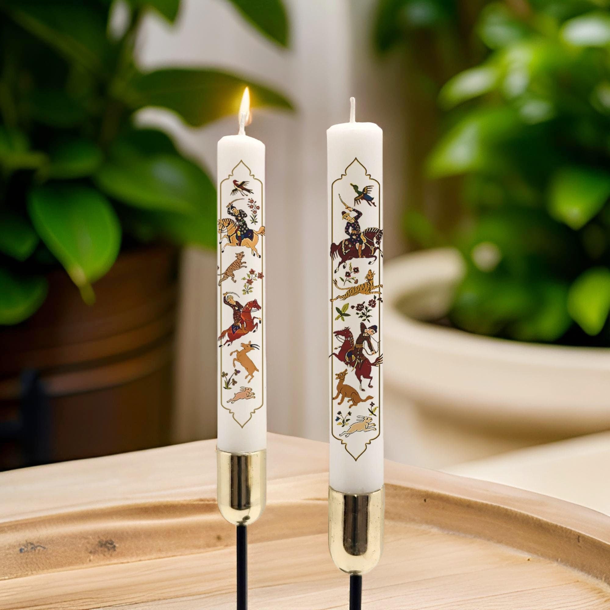 Persian Nowruz Candles: Mughal Hunting Scene, Haftseen Decor (Set of 2)