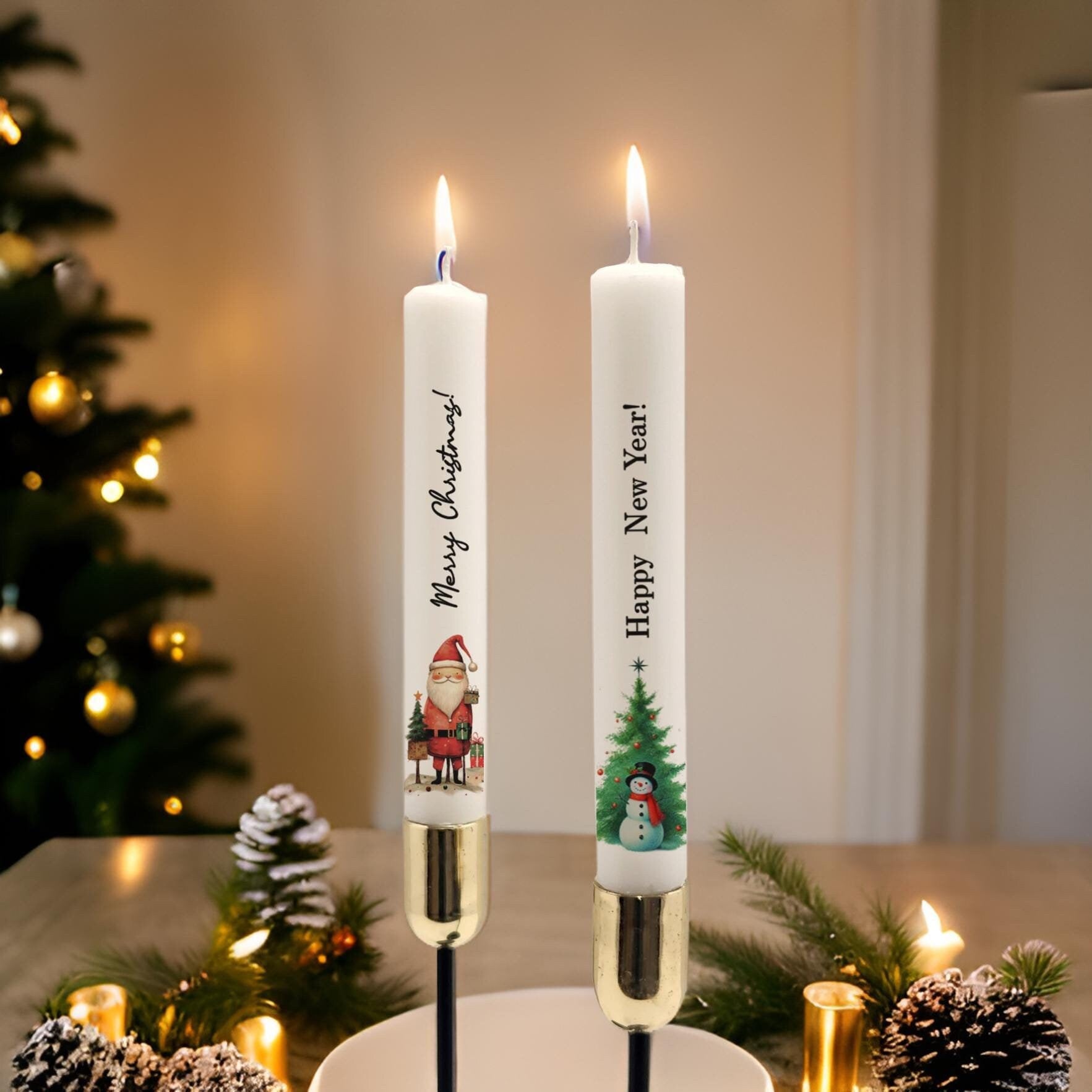 Christmas Taper Candle Set: Santa & New Year Tree Design
