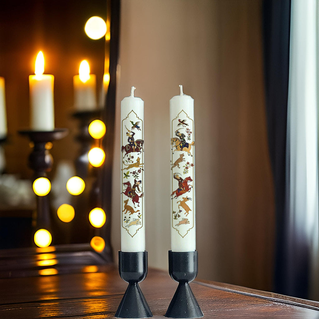 Persian Nowruz Candles: Mughal Hunting Scene, Haftseen Decor (Set of 2)