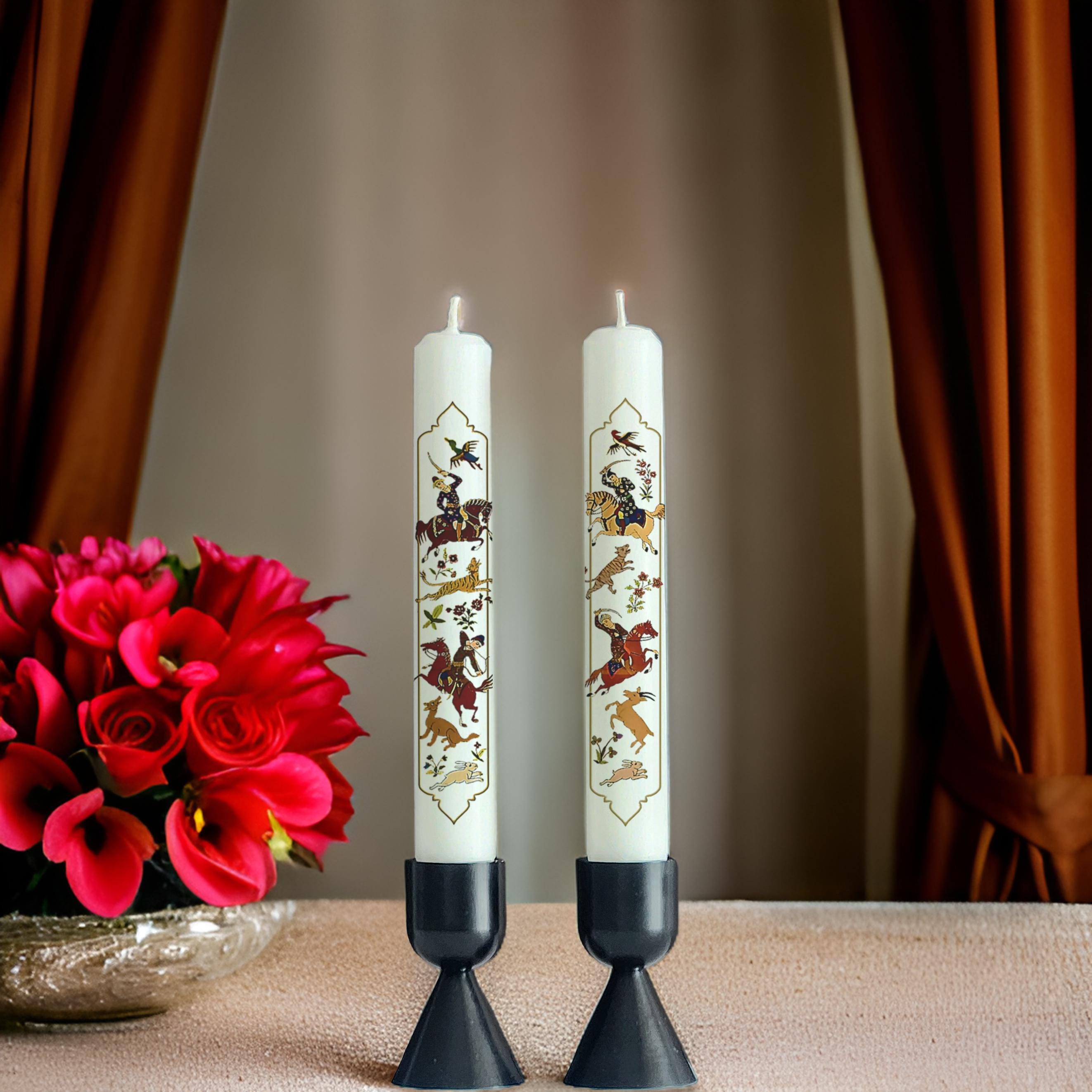 Persian Nowruz Candles: Mughal Hunting Scene, Haftseen Decor (Set of 2)