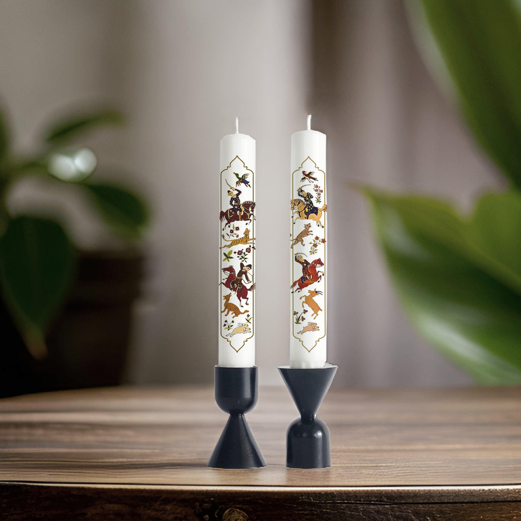 Persian Nowruz Candles: Mughal Hunting Scene, Haftseen Decor (Set of 2)