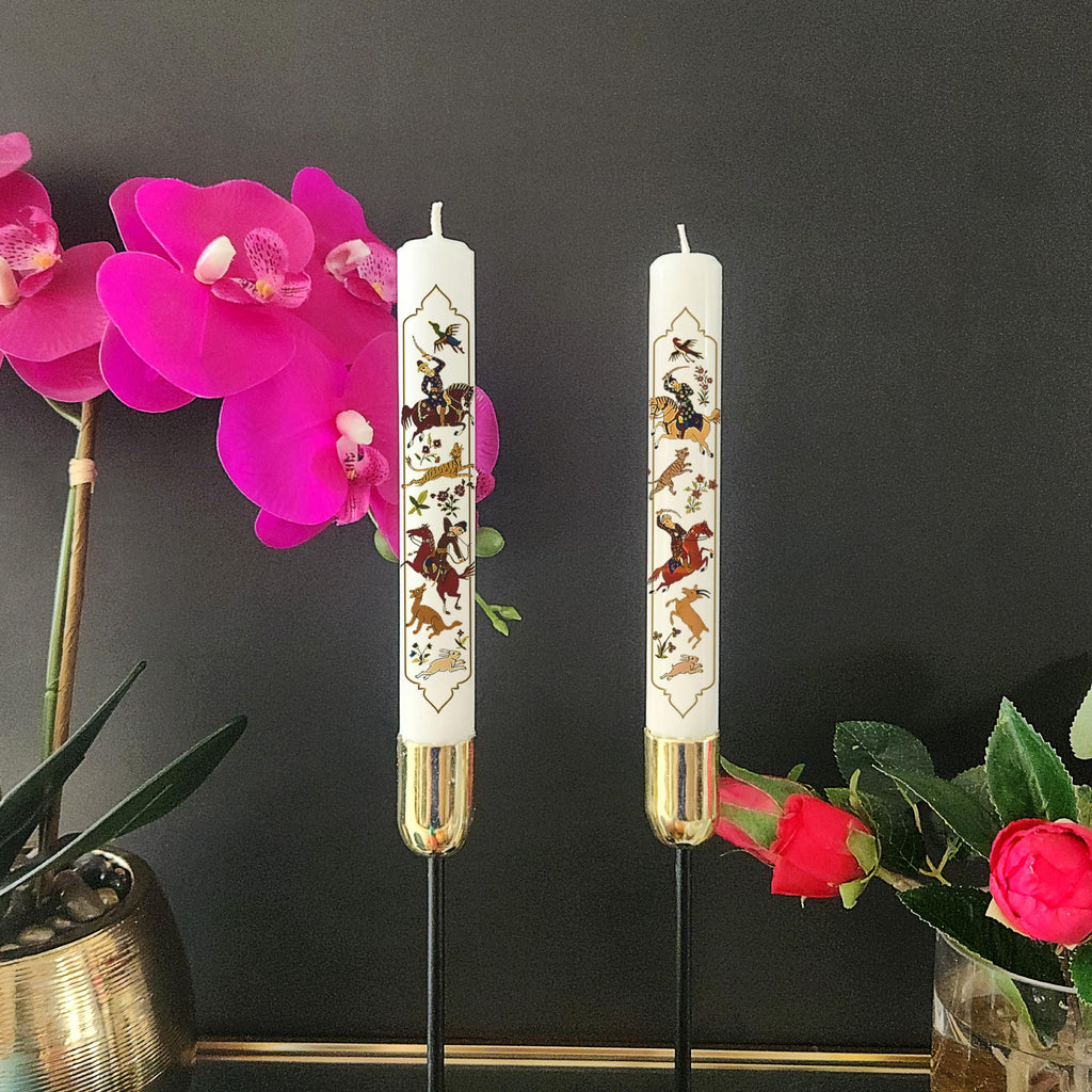 Persian Nowruz Candles: Mughal Hunting Scene, Haftseen Decor (Set of 2)