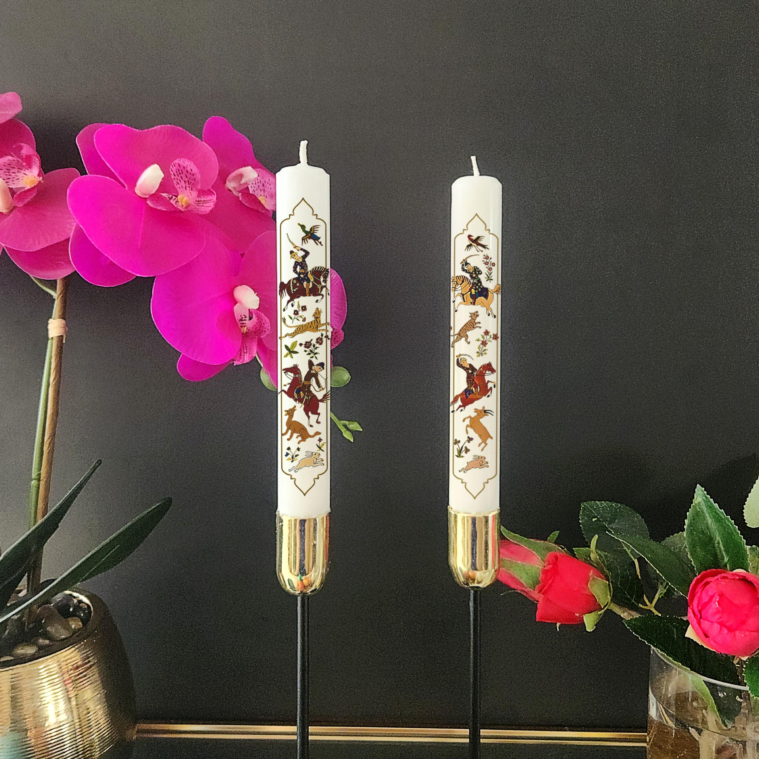 Persian Nowruz Candles: Mughal Hunting Scene, Haftseen Decor (Set of 2)