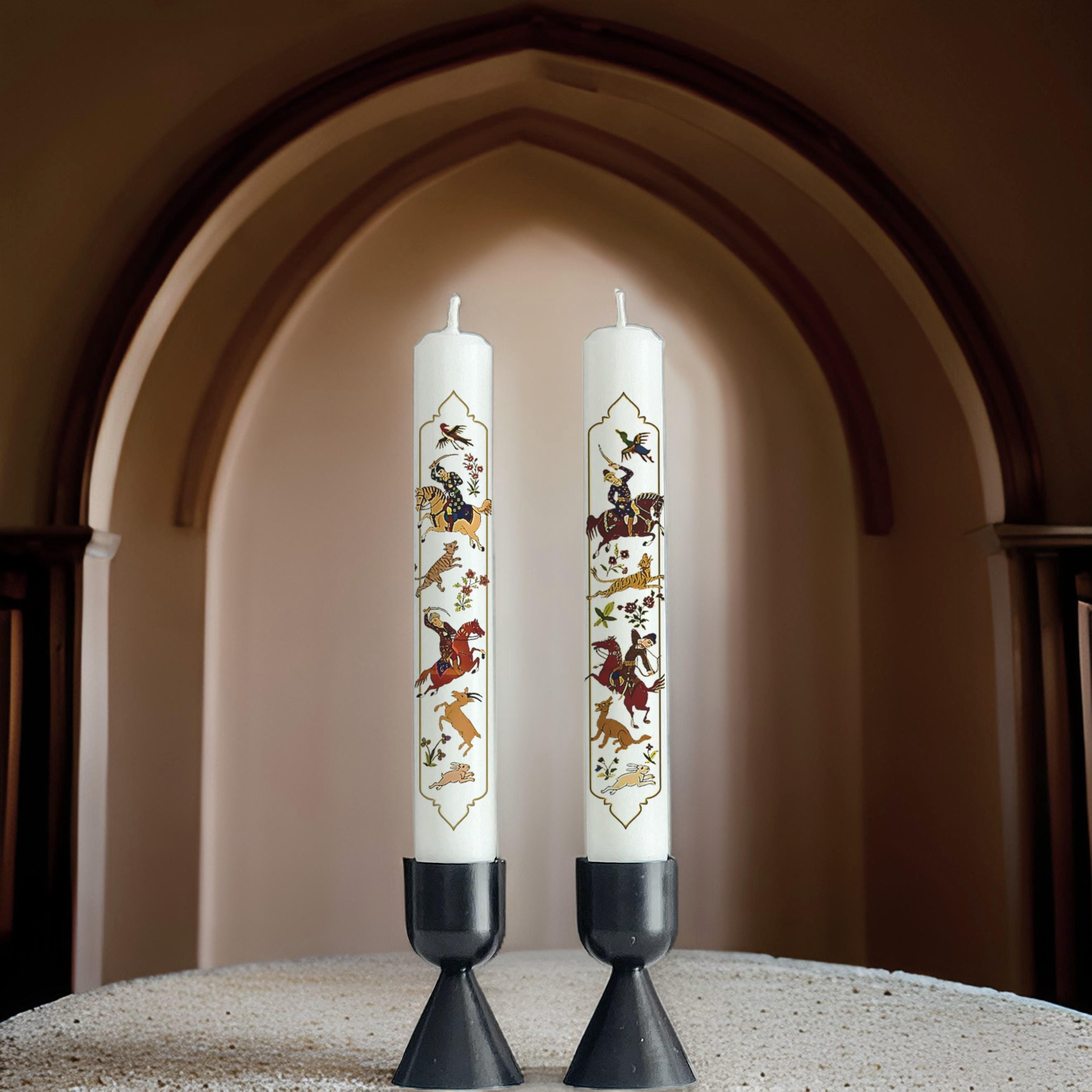 Persian Nowruz Candles: Mughal Hunting Scene, Haftseen Decor (Set of 2)