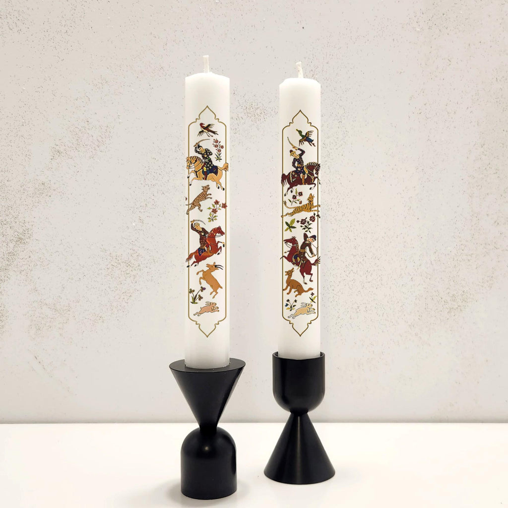 Persian Nowruz Candles: Mughal Hunting Scene, Haftseen Decor (Set of 2)