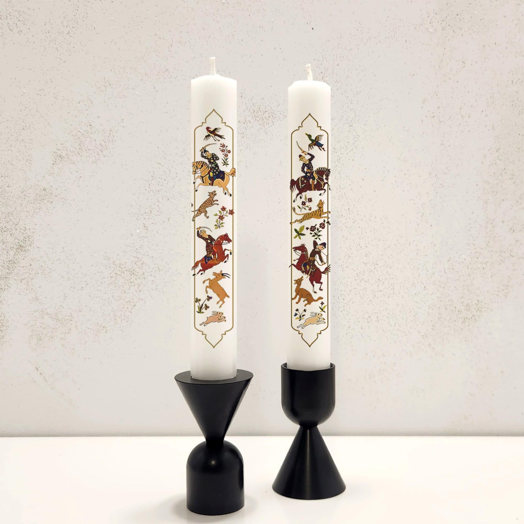 Persian Nowruz Candles: Mughal Hunting Scene, Haftseen Decor (Set of 2)