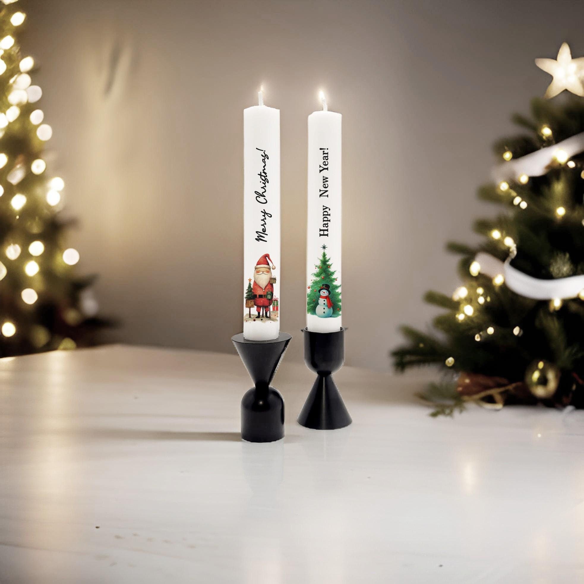 Christmas Taper Candle Set: Santa & New Year Tree Design