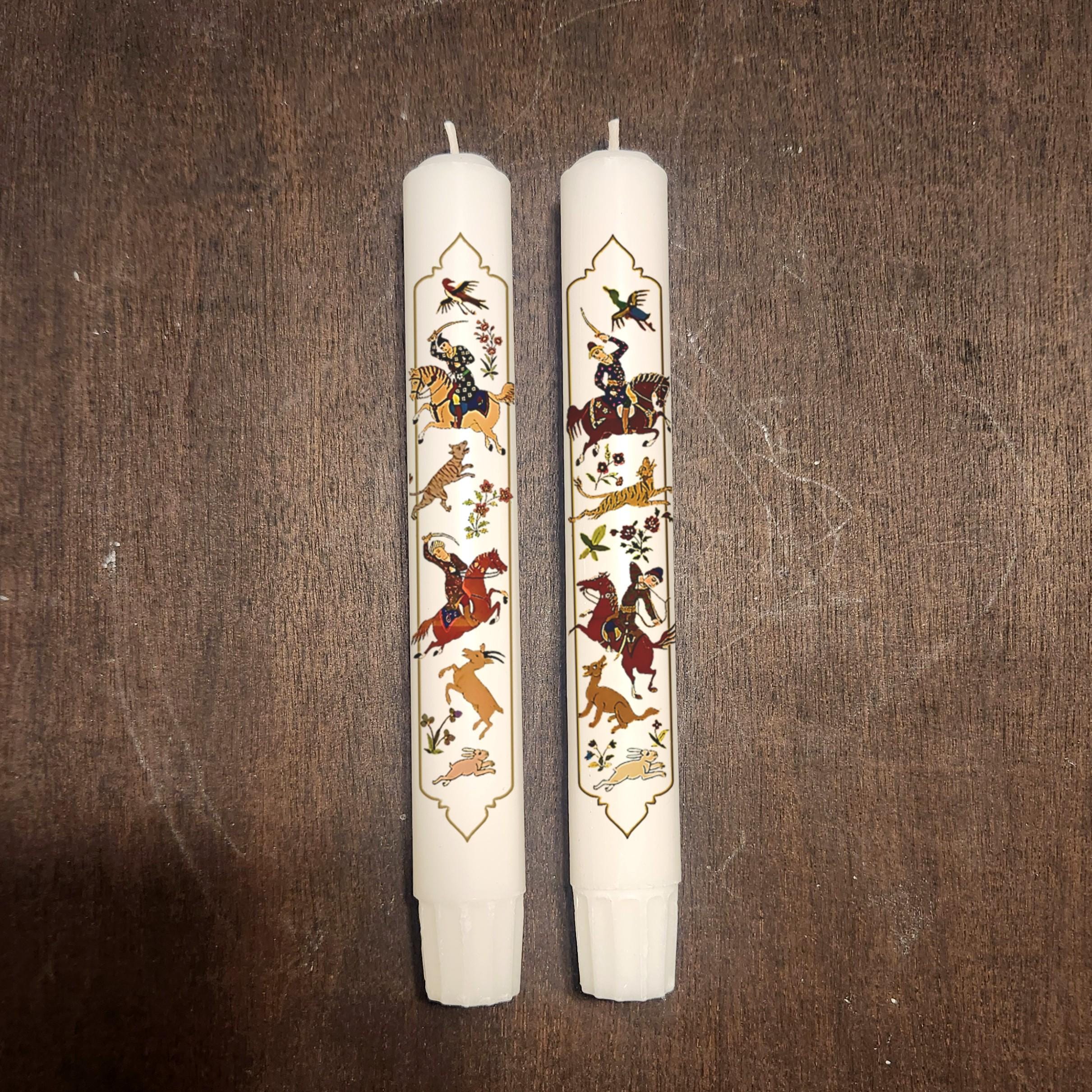 Persian Nowruz Candles: Mughal Hunting Scene, Haftseen Decor (Set of 2)